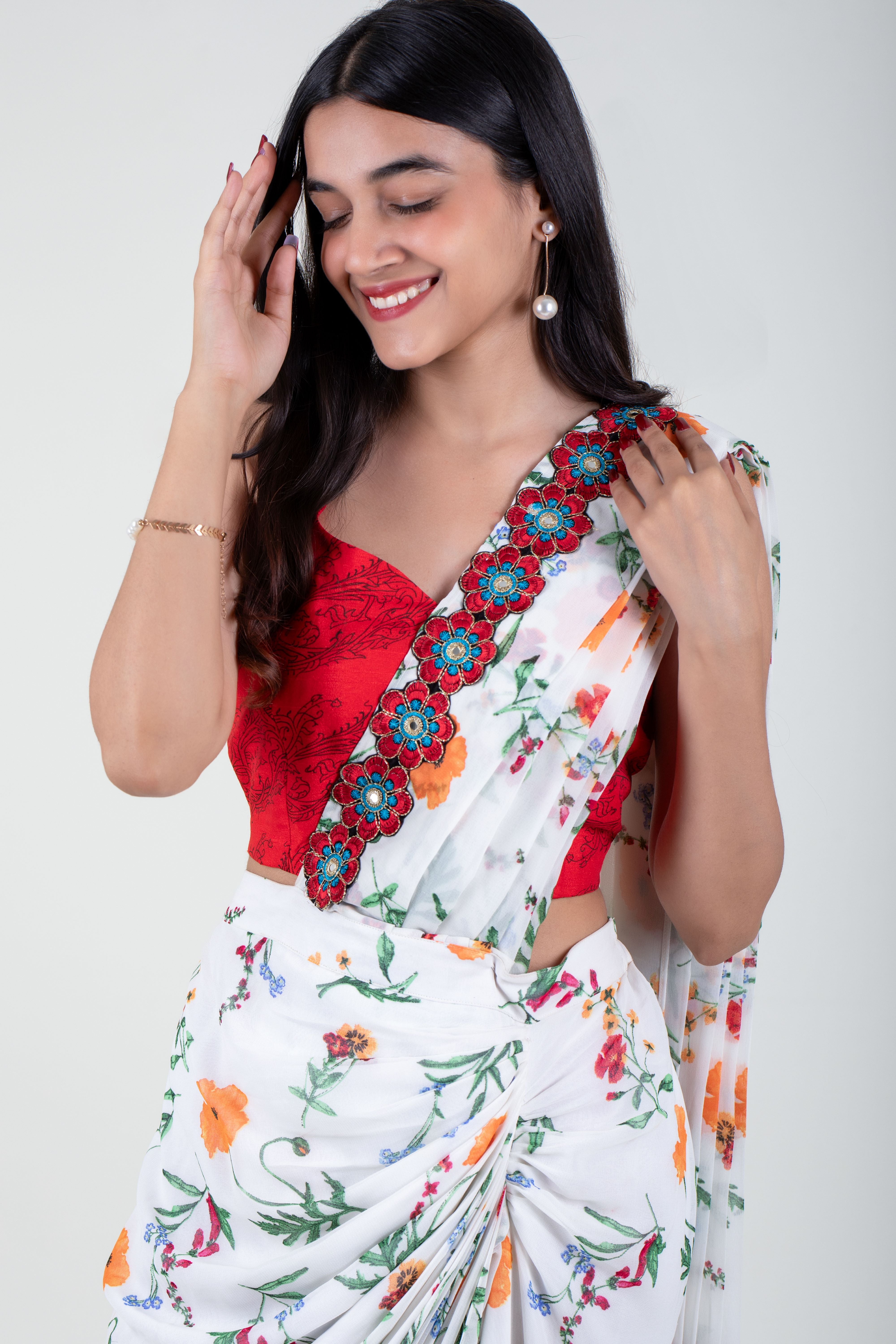 Ready to Wear Floral Georgette Saree (With Stitched Blouse)