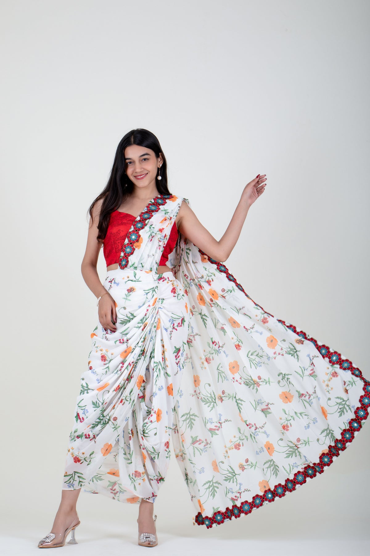 Ready to Wear Floral Georgette Saree (With Stitched Blouse)