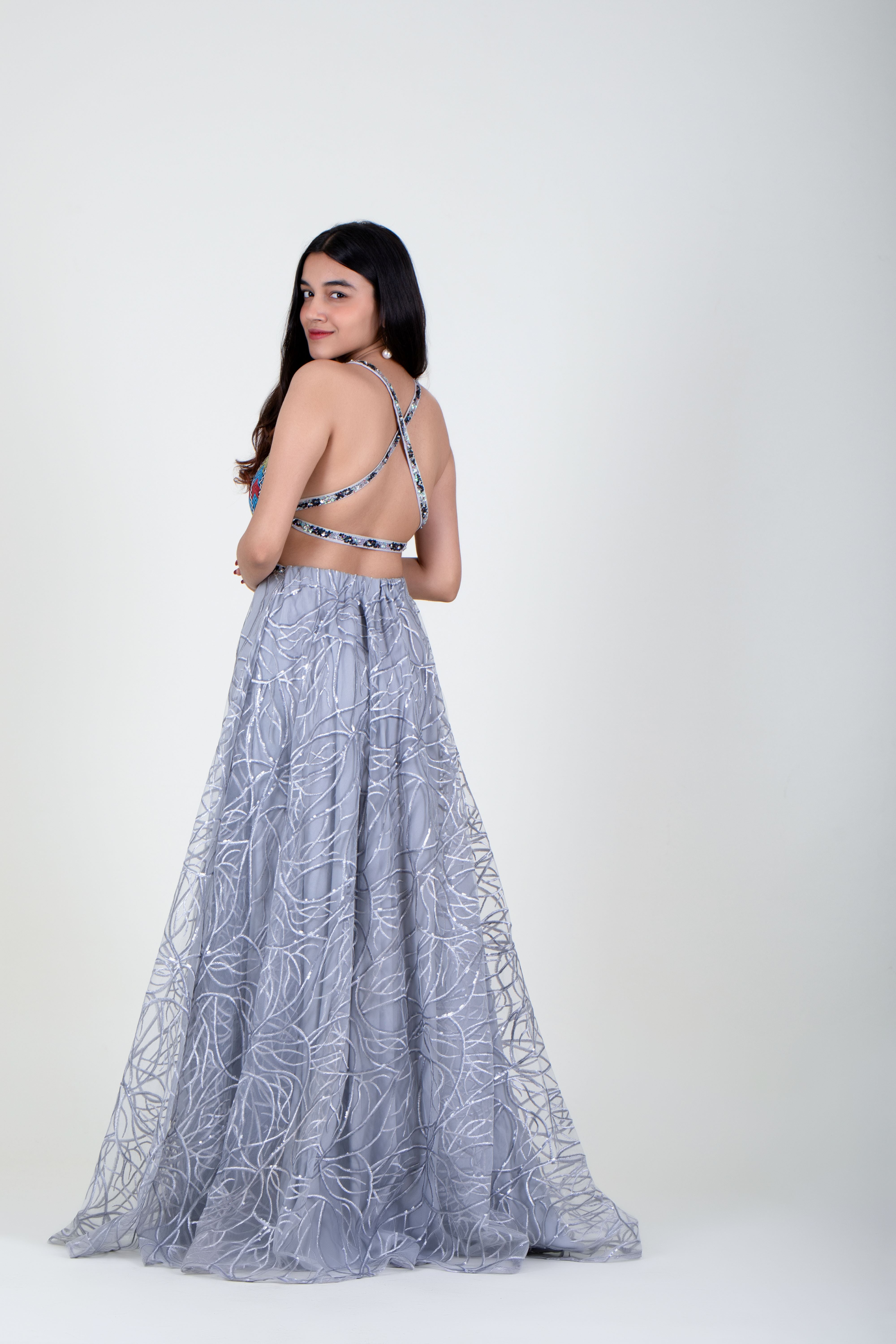 Light Grey Backless Gown with Hand-embroidery Work
