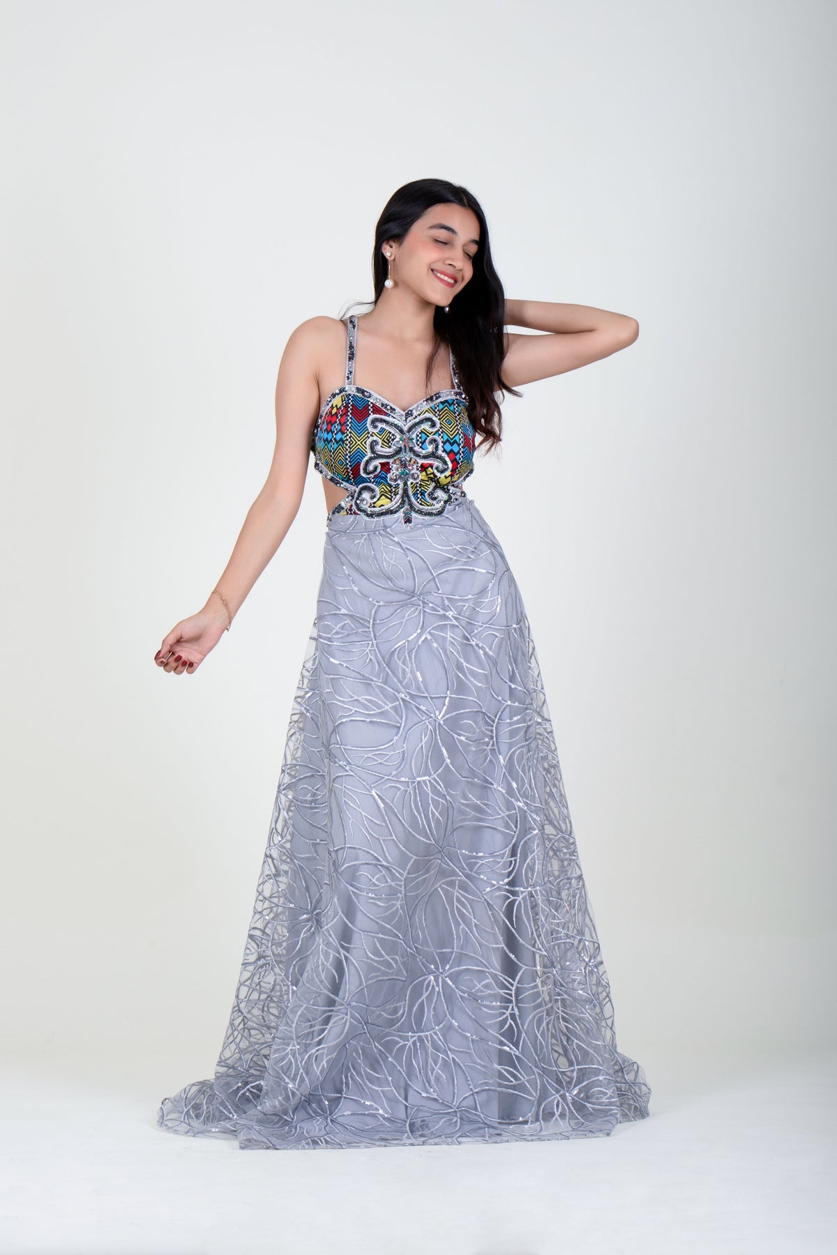 Light Grey Backless Gown with Hand-embroidery Work