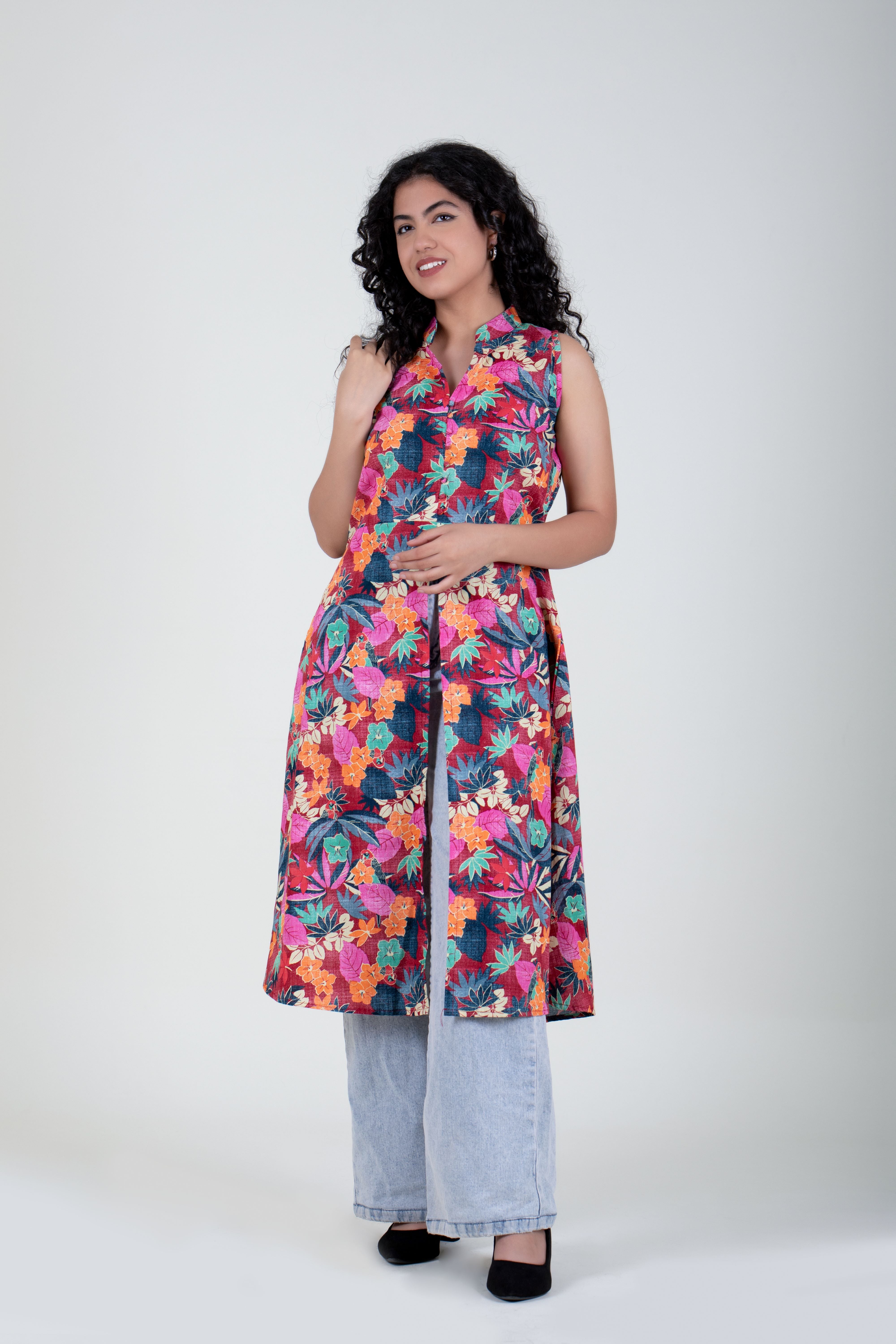 Floral Printed A-line Kurta with Front Slit