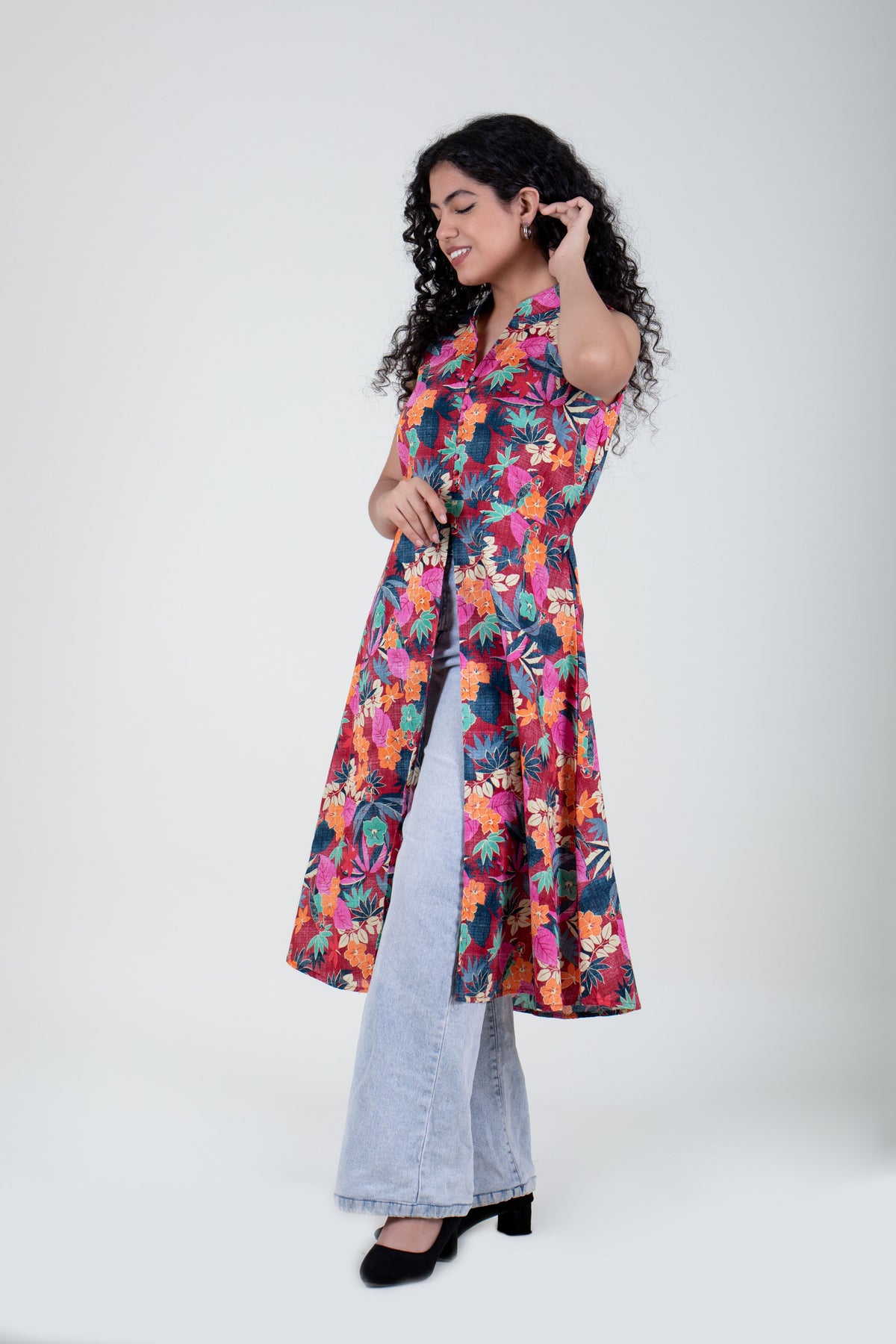 Floral Printed A-line Kurta with Front Slit