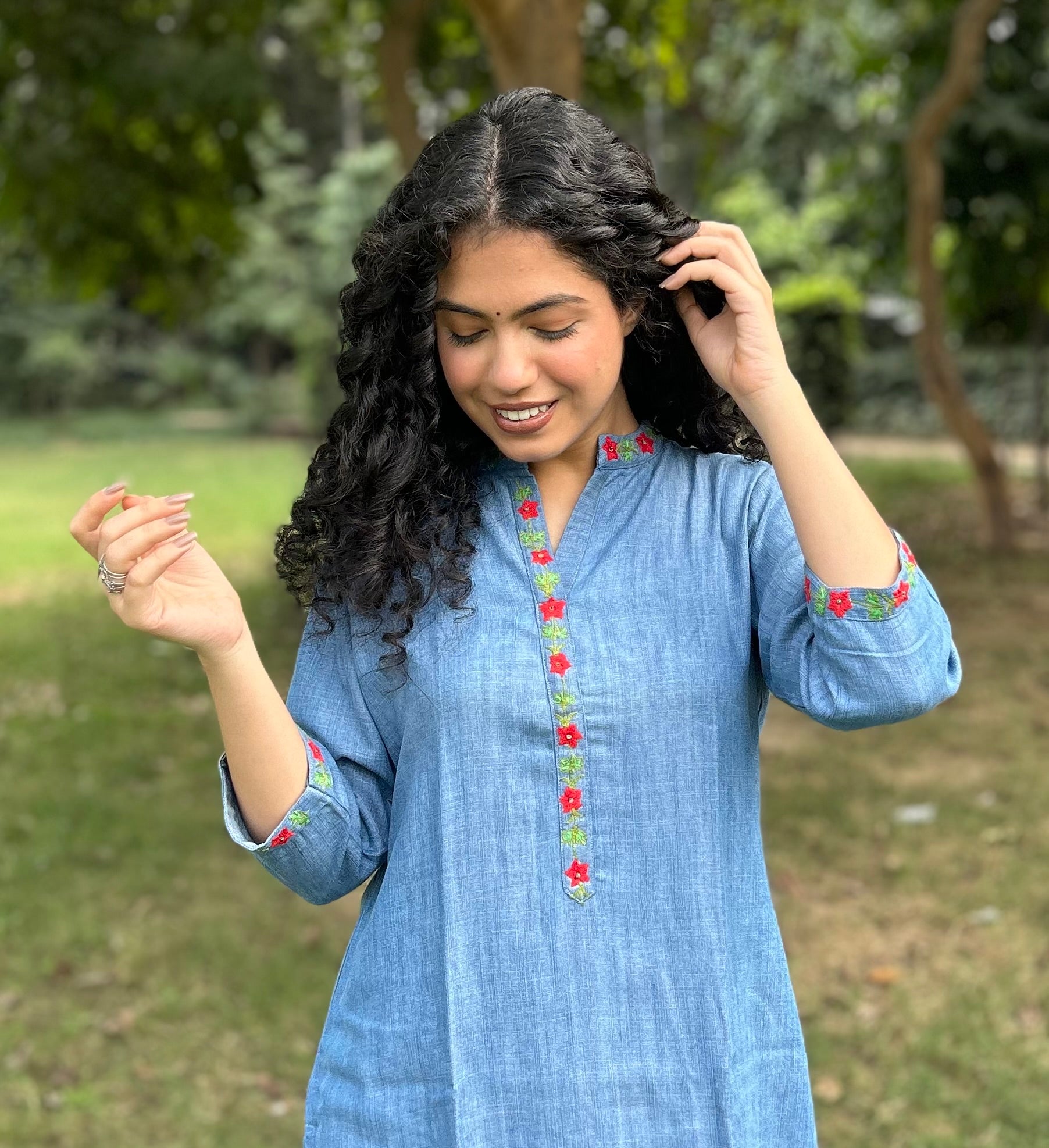 Cotton-Denim Kurti with minimal Embroidery