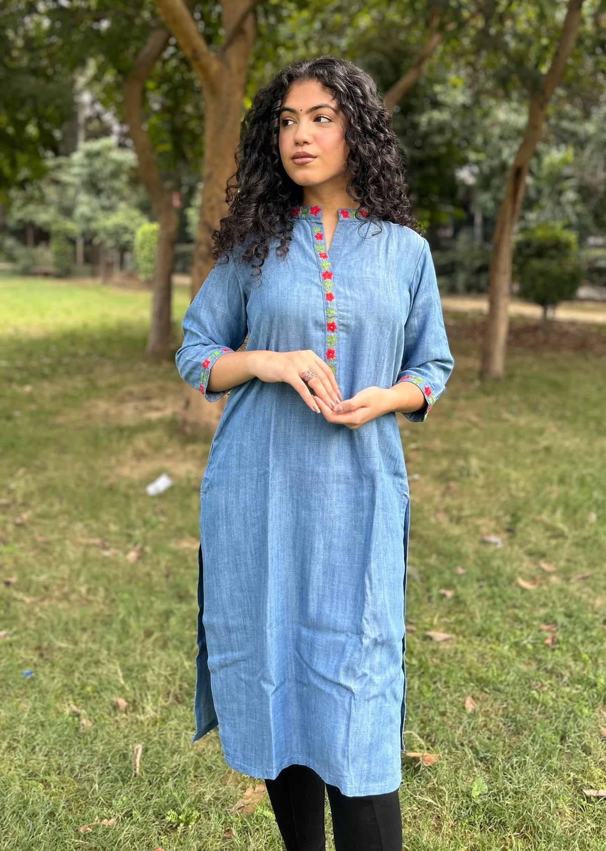 Cotton-Denim Kurti with minimal Embroidery