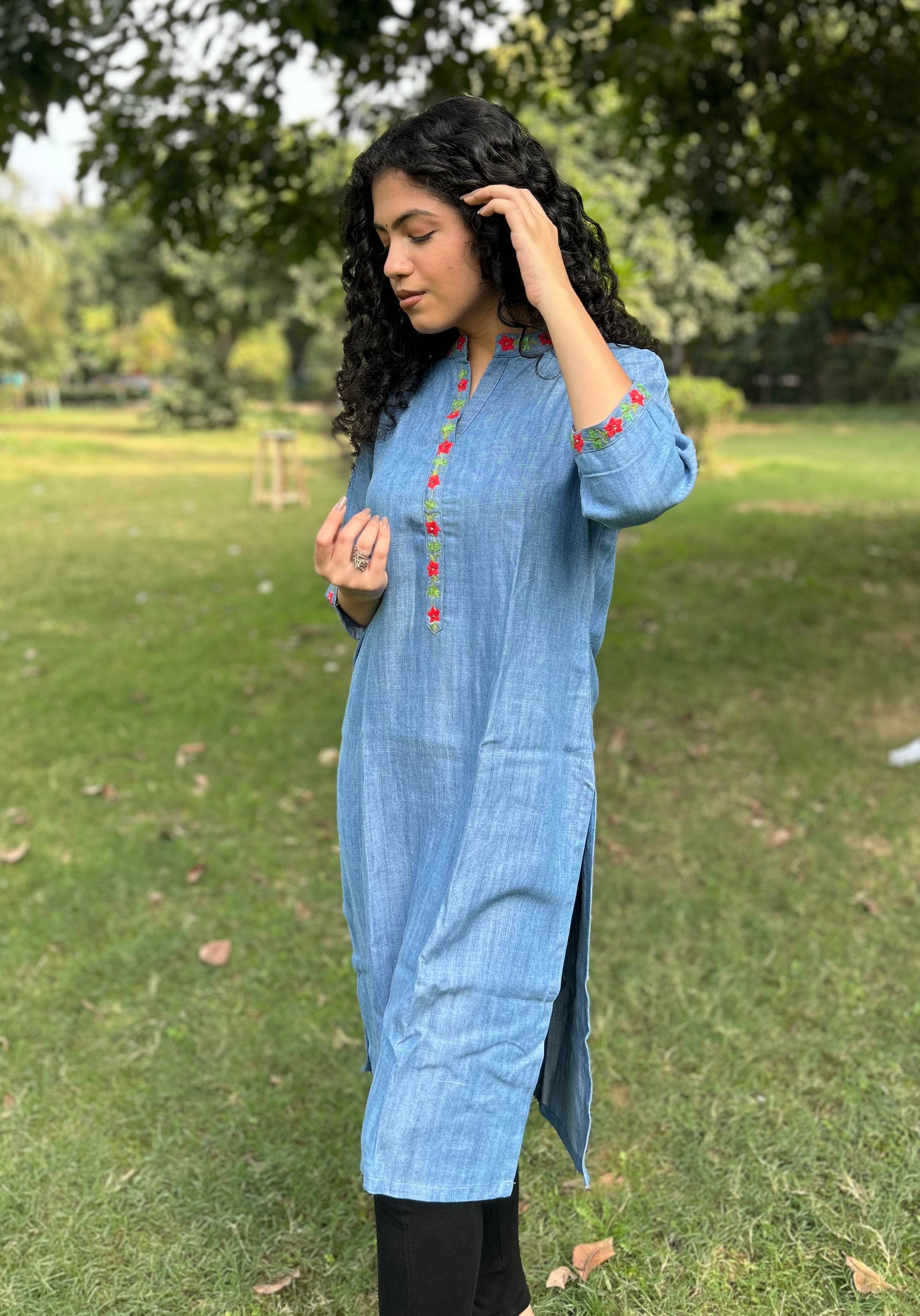 Cotton-Denim Kurti with minimal Embroidery