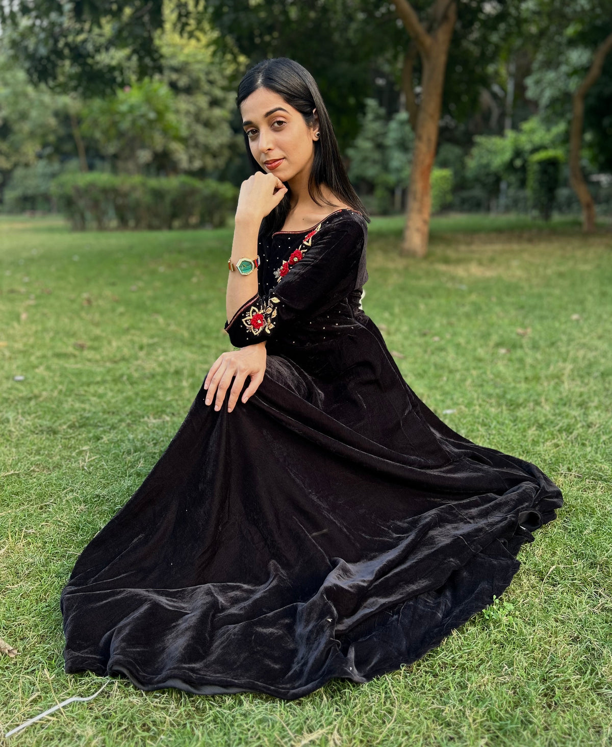 Black Velvet Gown with Hand Embroidery