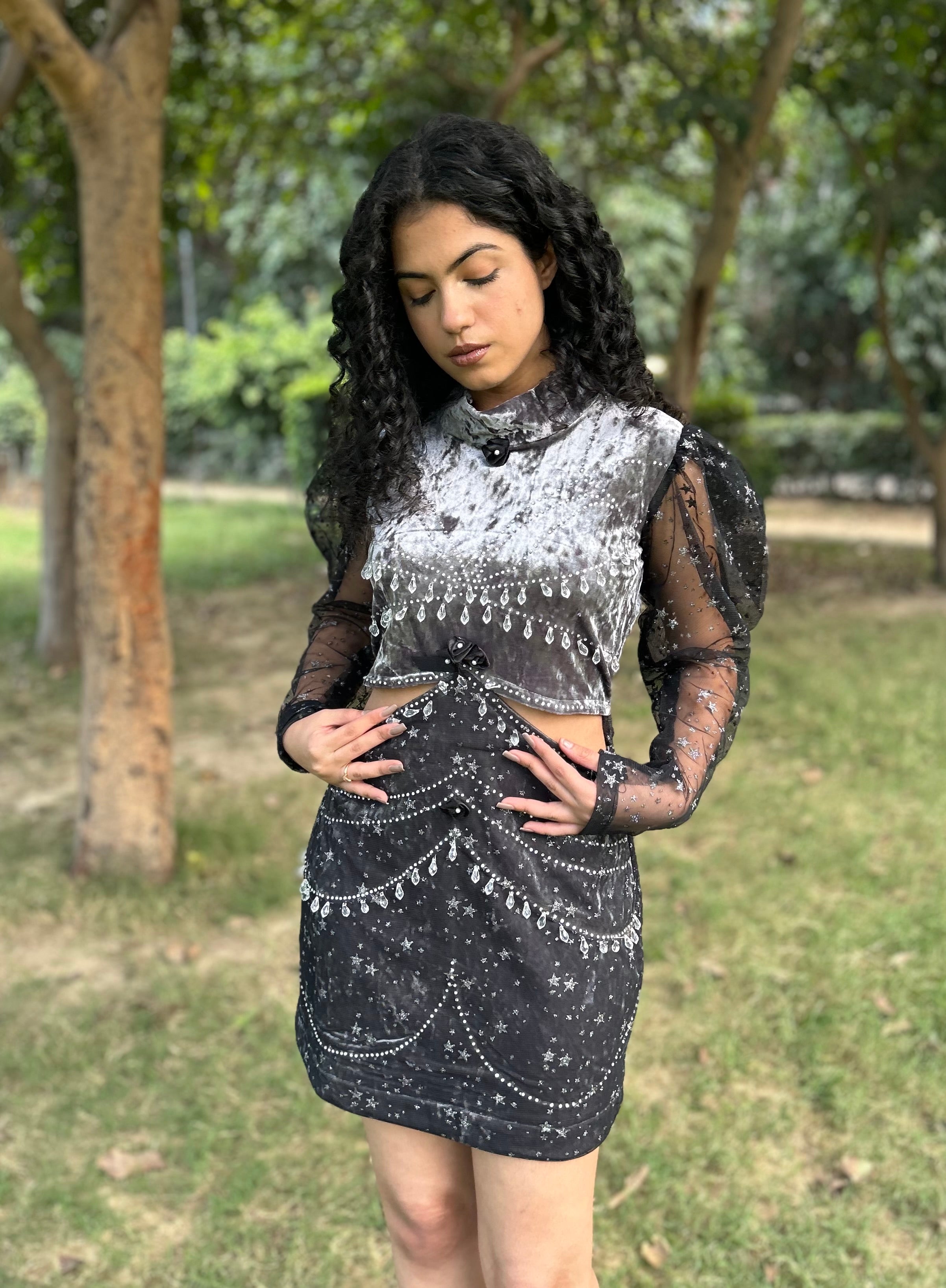 Grey-Black Velvet Tunic Dress with Hand Embroidery