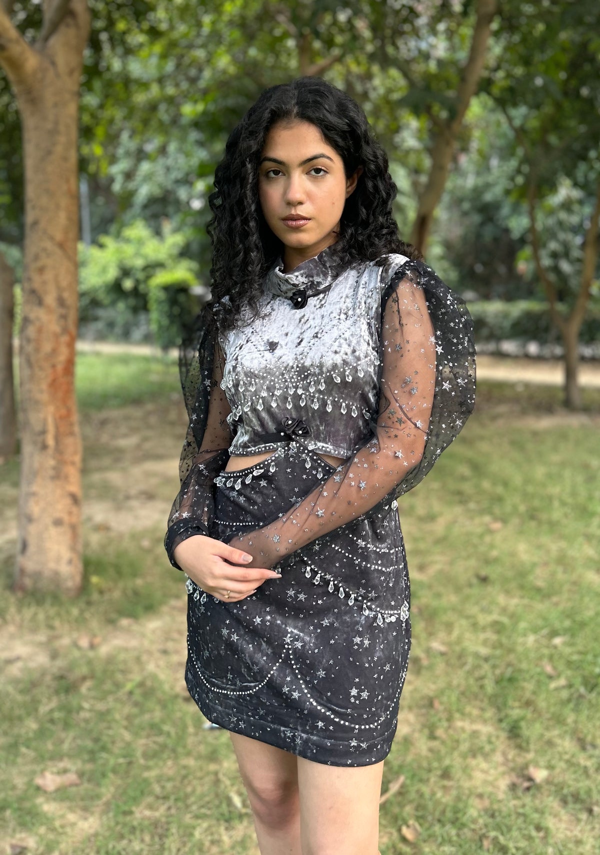 Grey-Black Velvet Tunic Dress with Hand Embroidery