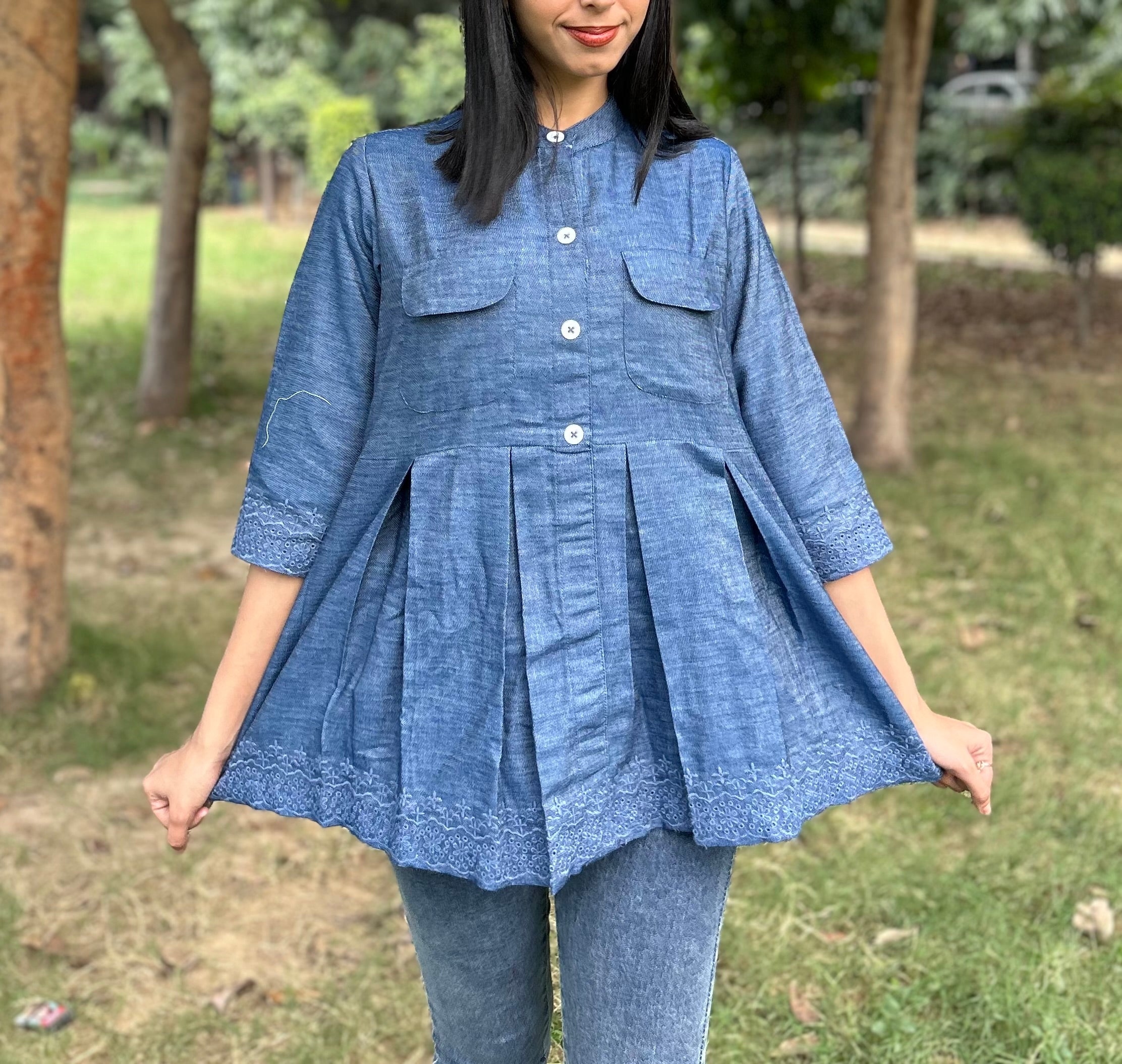 Self-Embroidered Cotton Denim Peplum Top