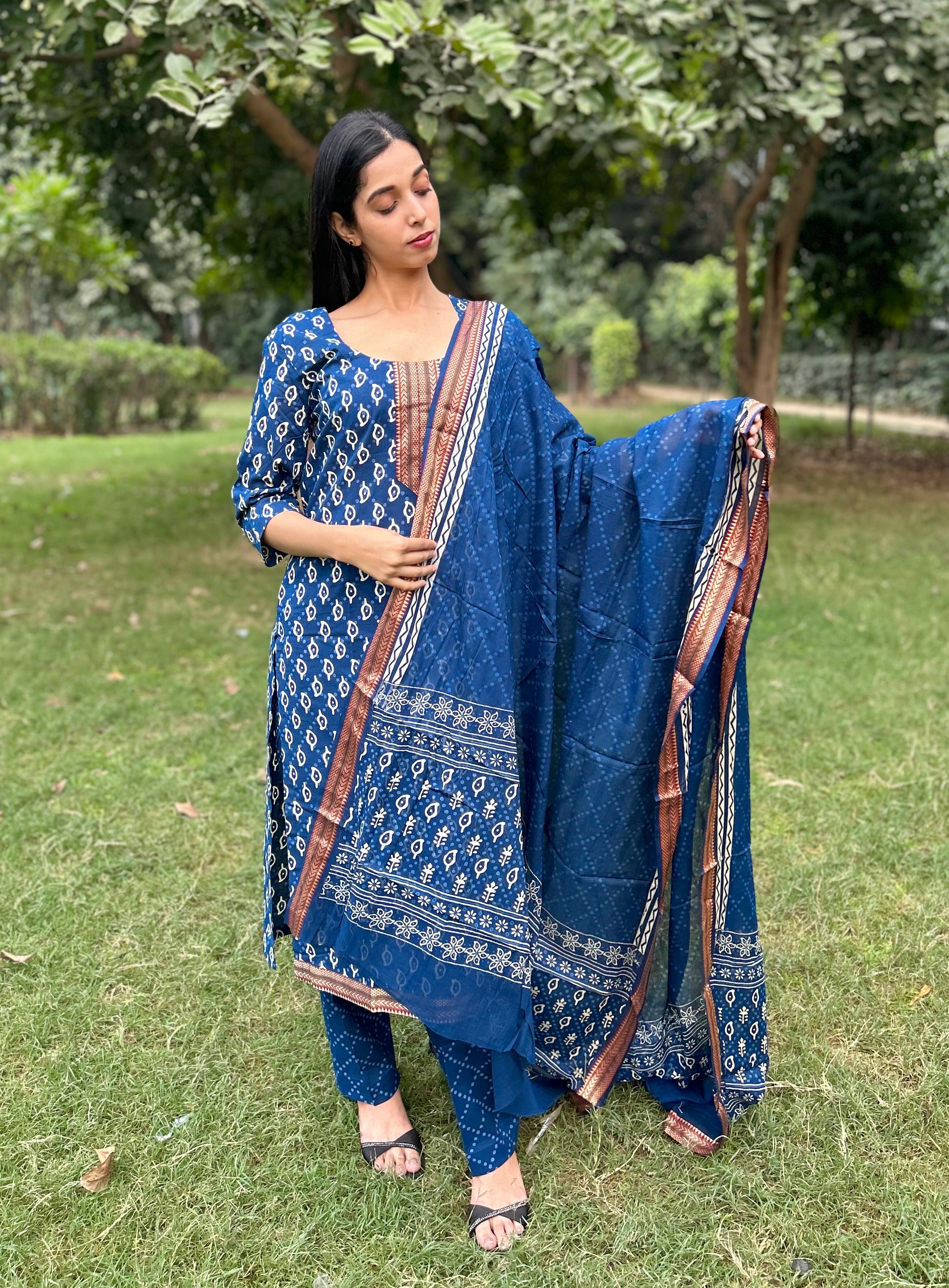 Navy Blue Cotton Suit WITH Cotton Dupatta