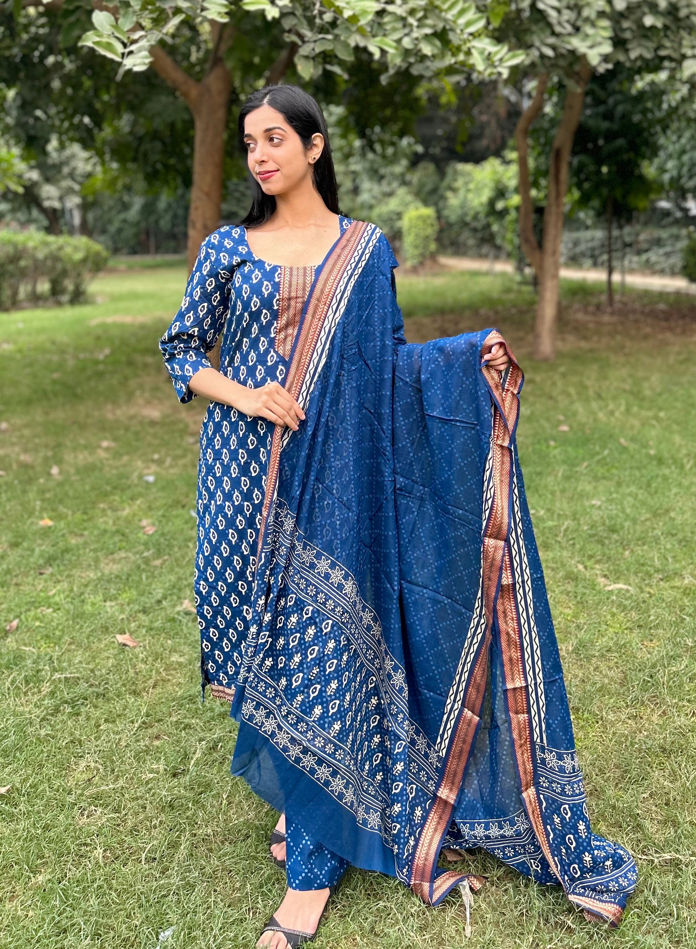 Navy Blue Cotton Suit WITH Cotton Dupatta