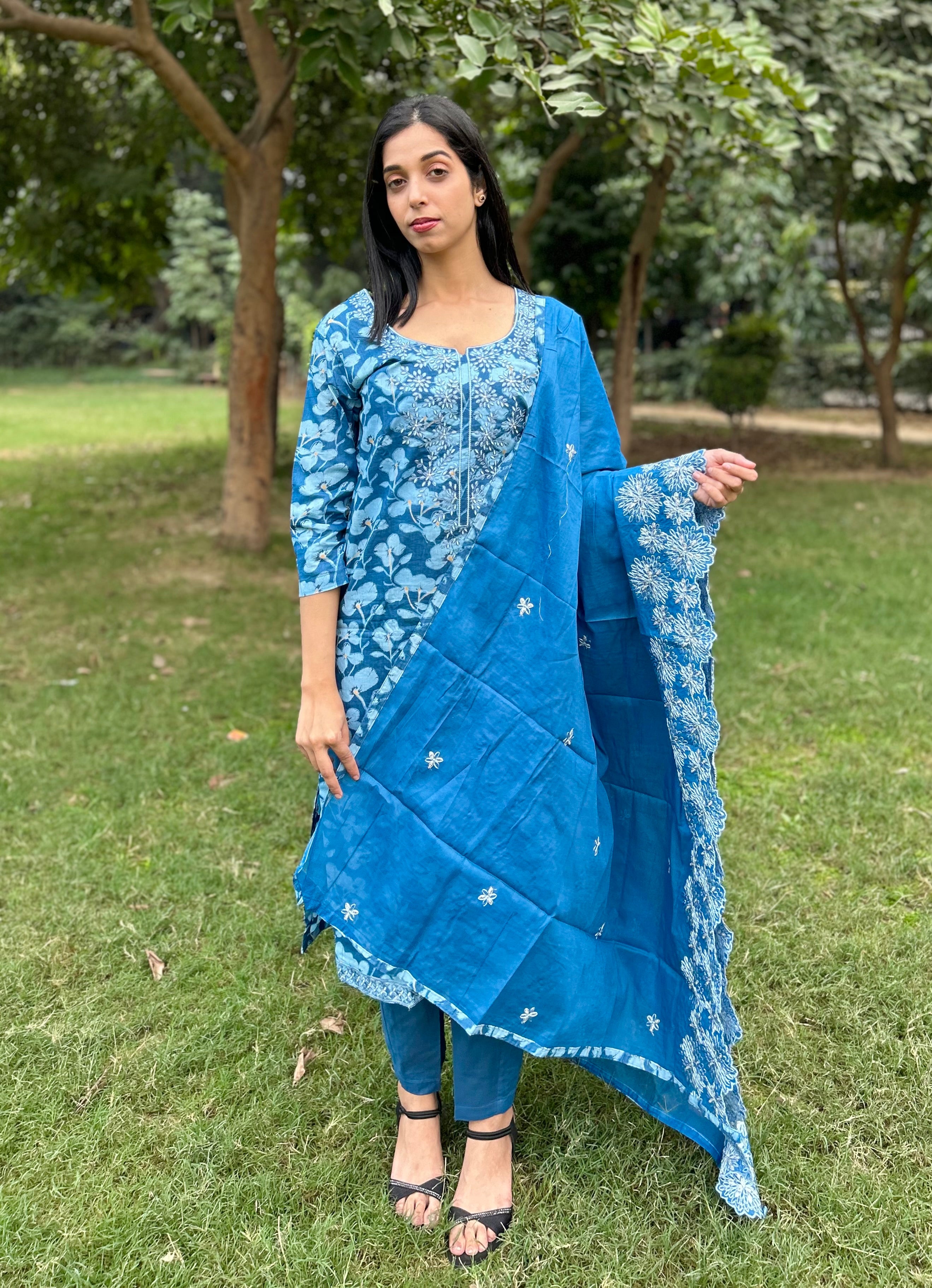 Blue Embroidered Suit WITH Heavy Embroidered Dupatta