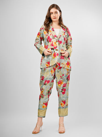 Silk Floral tradiitonal coat pant coord set