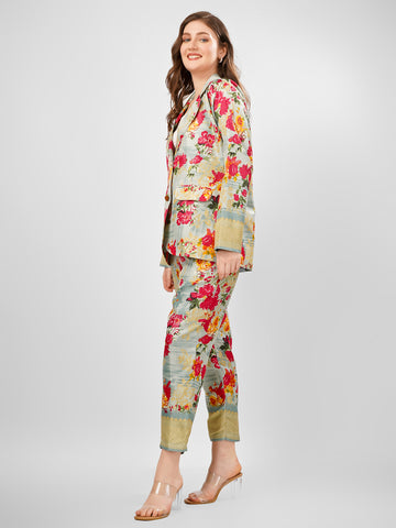 Silk Floral tradiitonal coat pant coord set