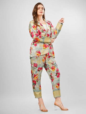Silk Floral tradiitonal coat pant coord set