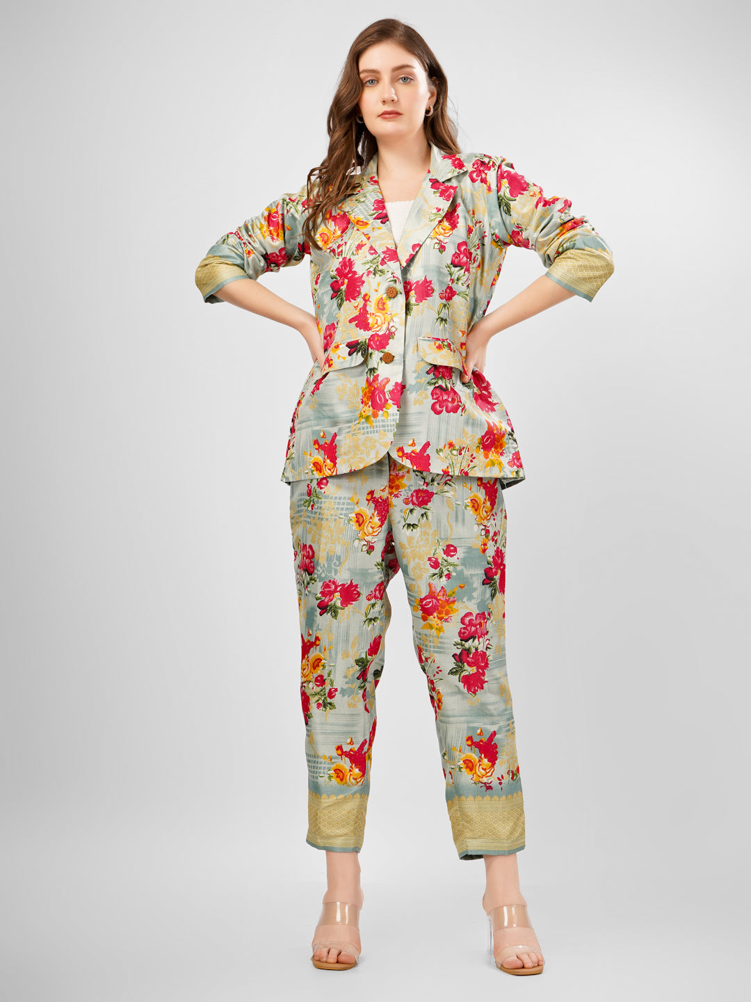Silk Floral tradiitonal coat pant coord set