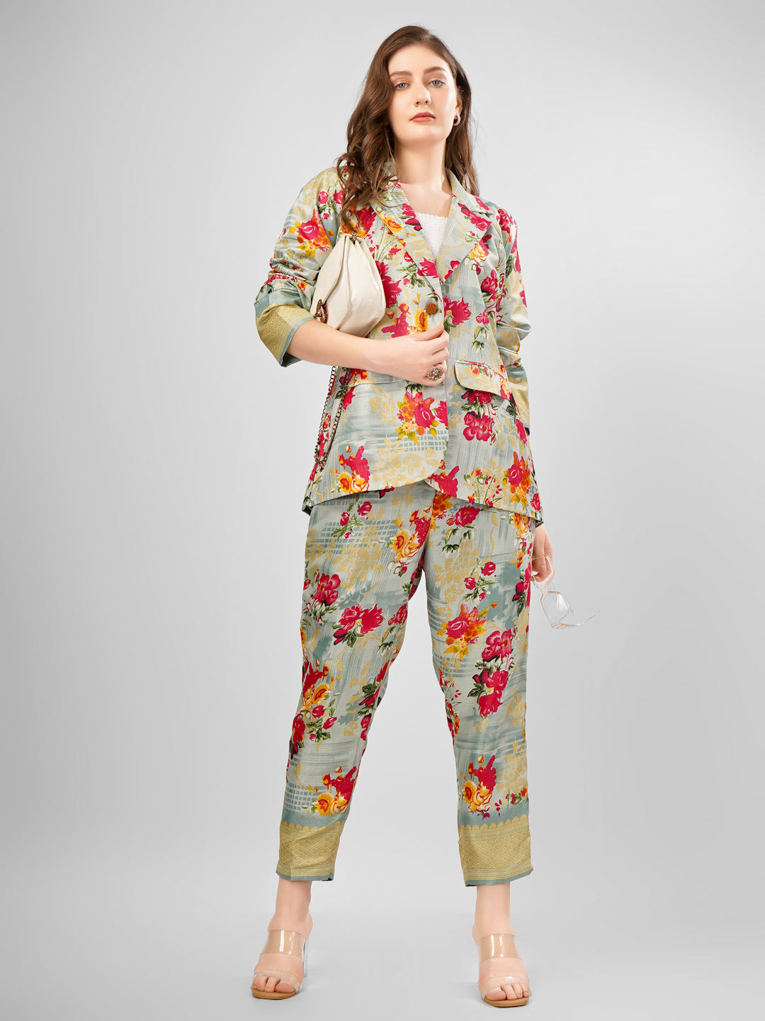 Silk Floral tradiitonal coat pant coord set