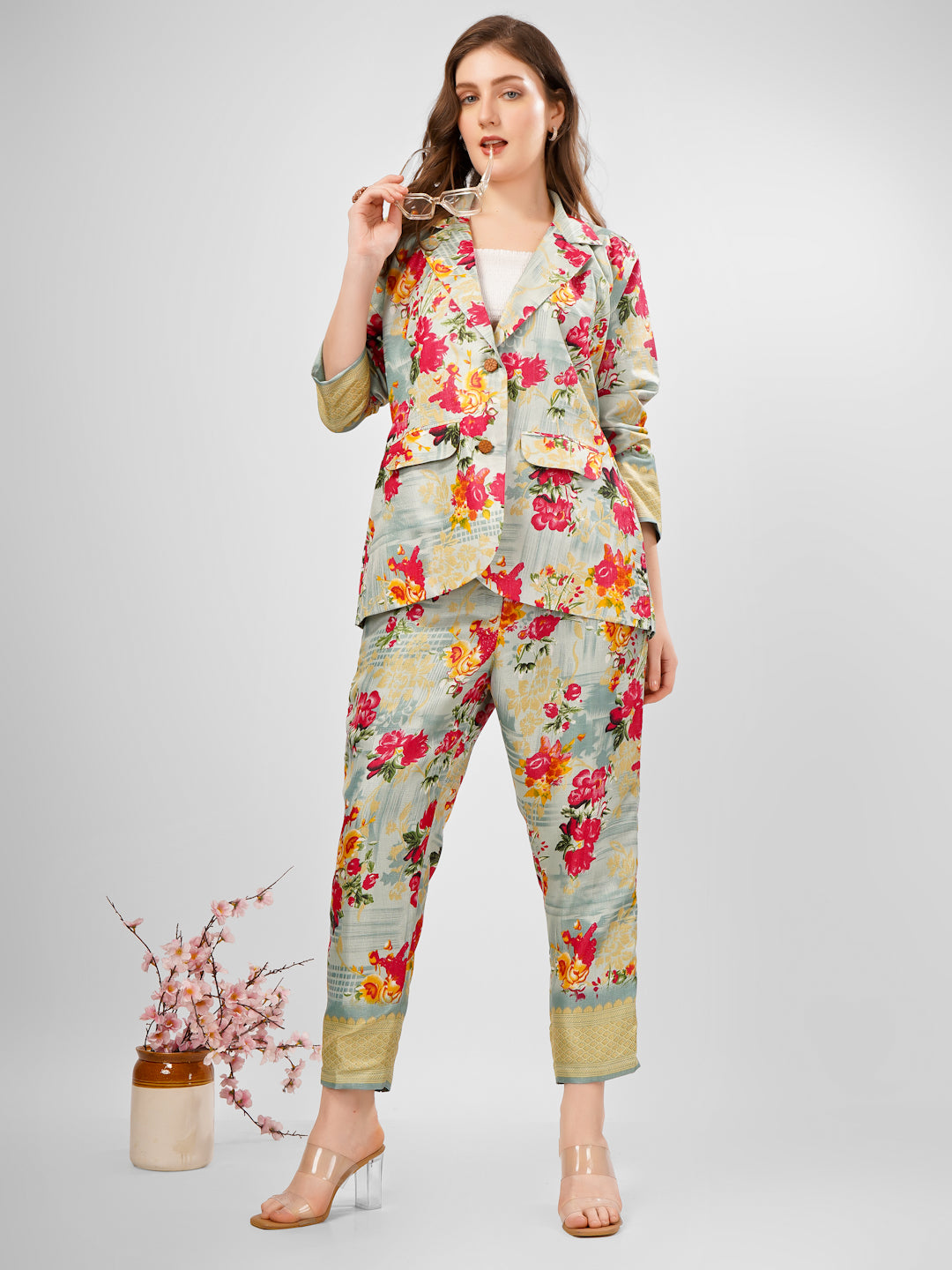 Silk Floral tradiitonal coat pant coord set