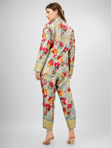 Silk Floral tradiitonal coat pant coord set