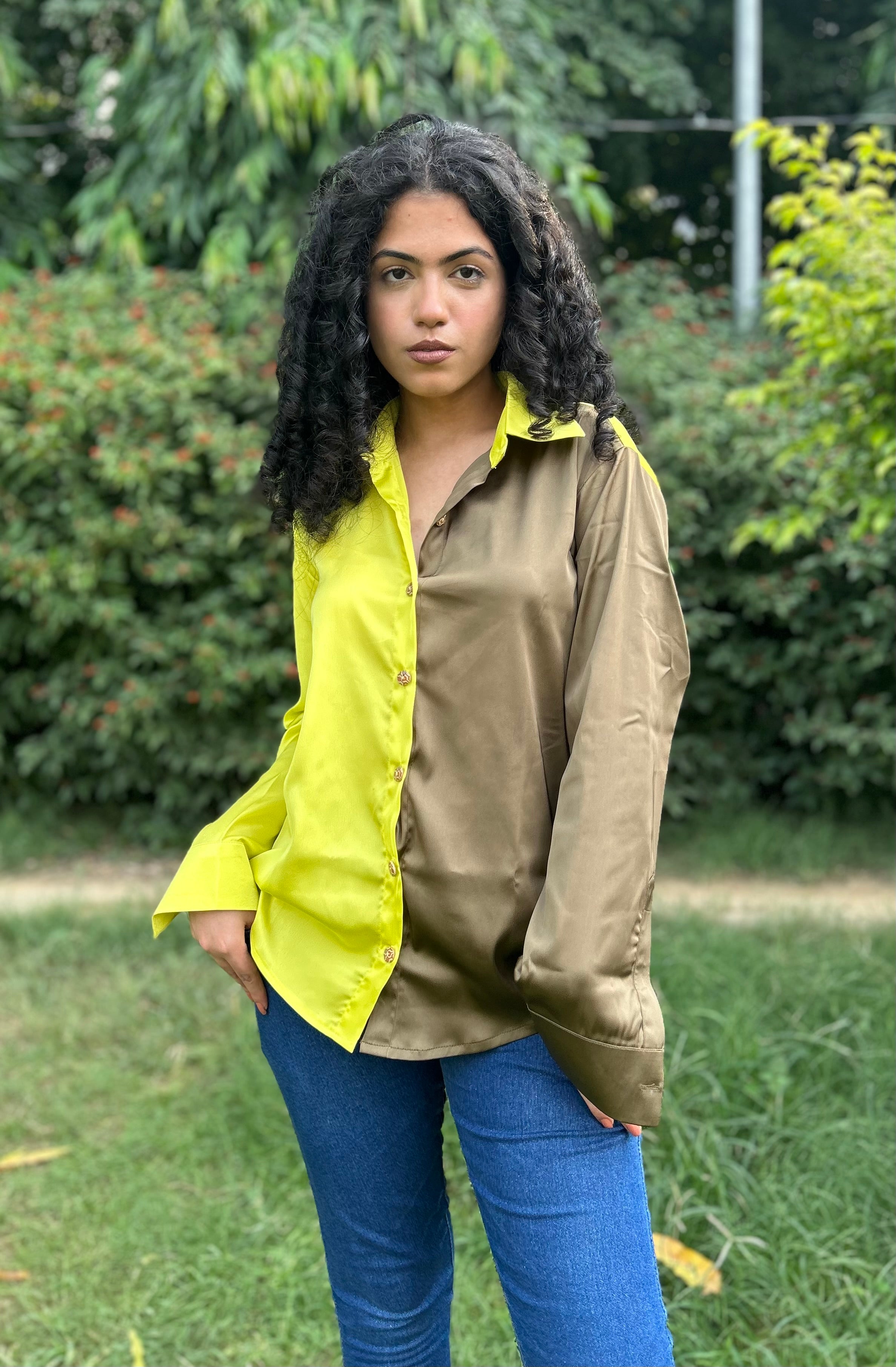 Color-block Green Imported Satin Shirt