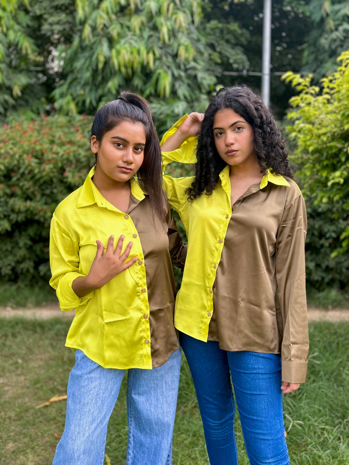 Color-block Green Imported Satin Shirt