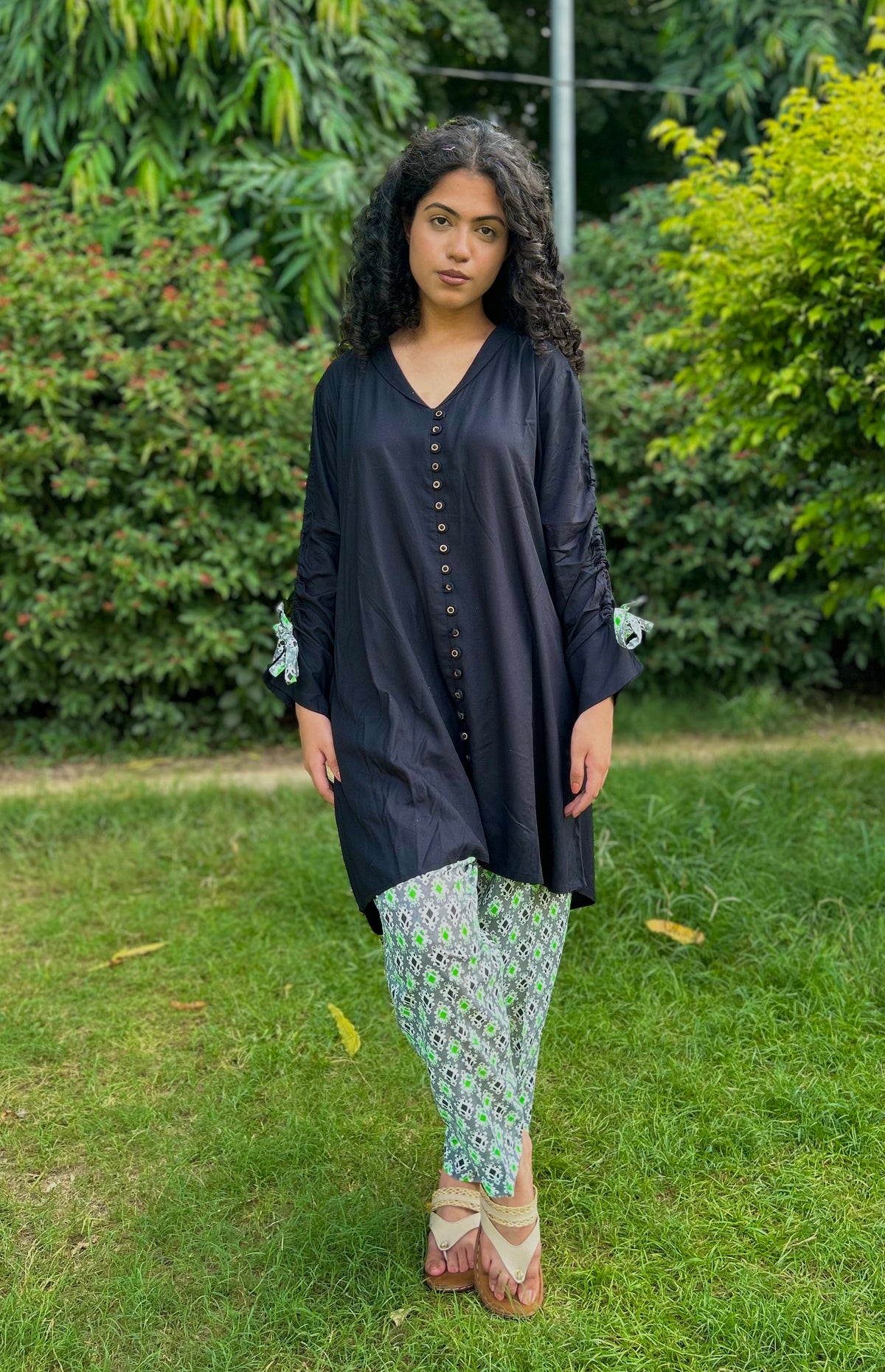 Black Rayon Kurta WITH Printed Cotton Trouser (Coord)