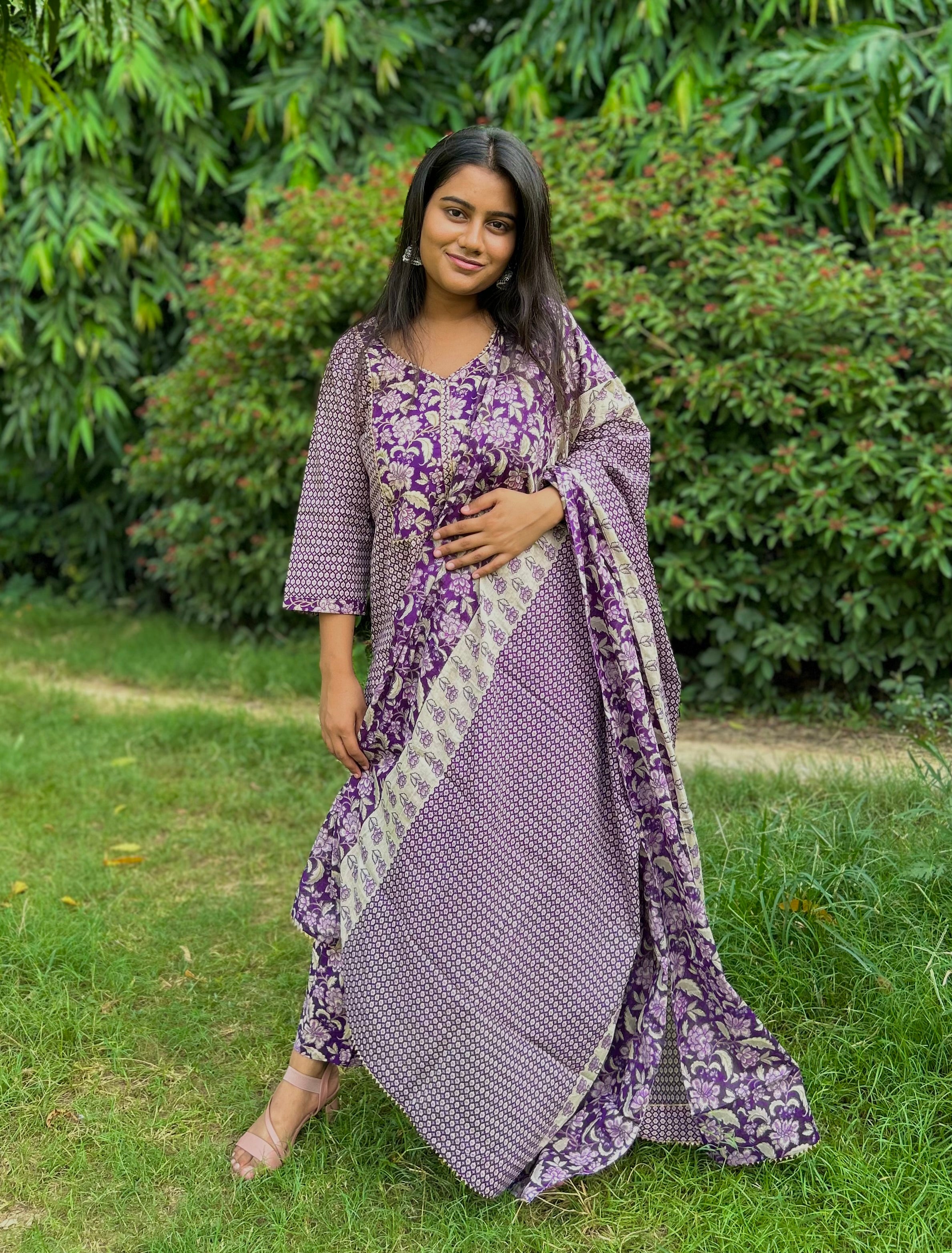 Purple Pure Cotton Suit Duppata Set with Patchwork