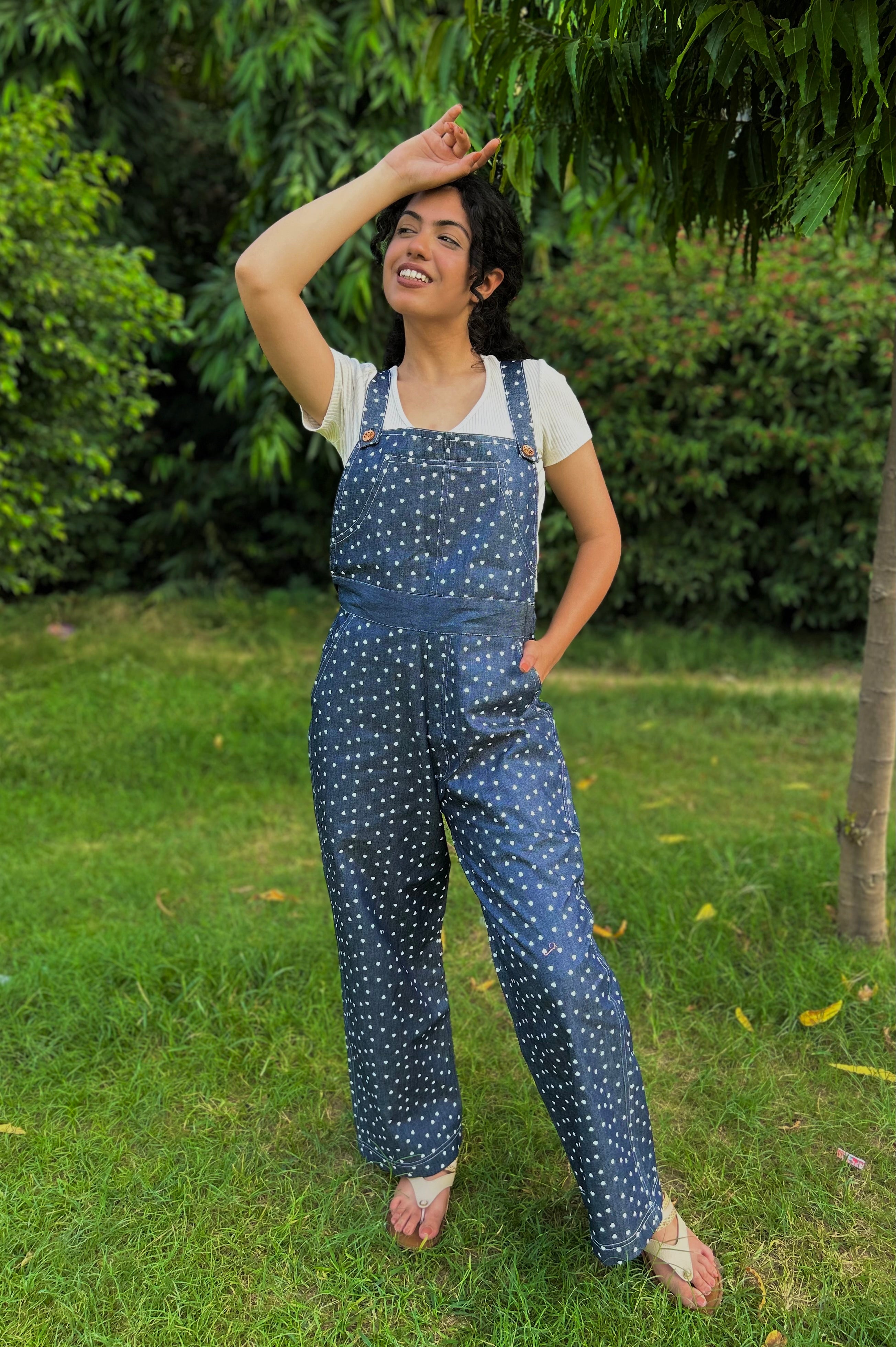 Heart Printed Cotton Denim Jumpsuit