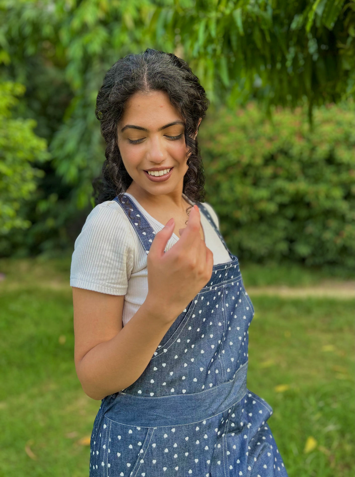 Heart Printed Cotton Denim Jumpsuit