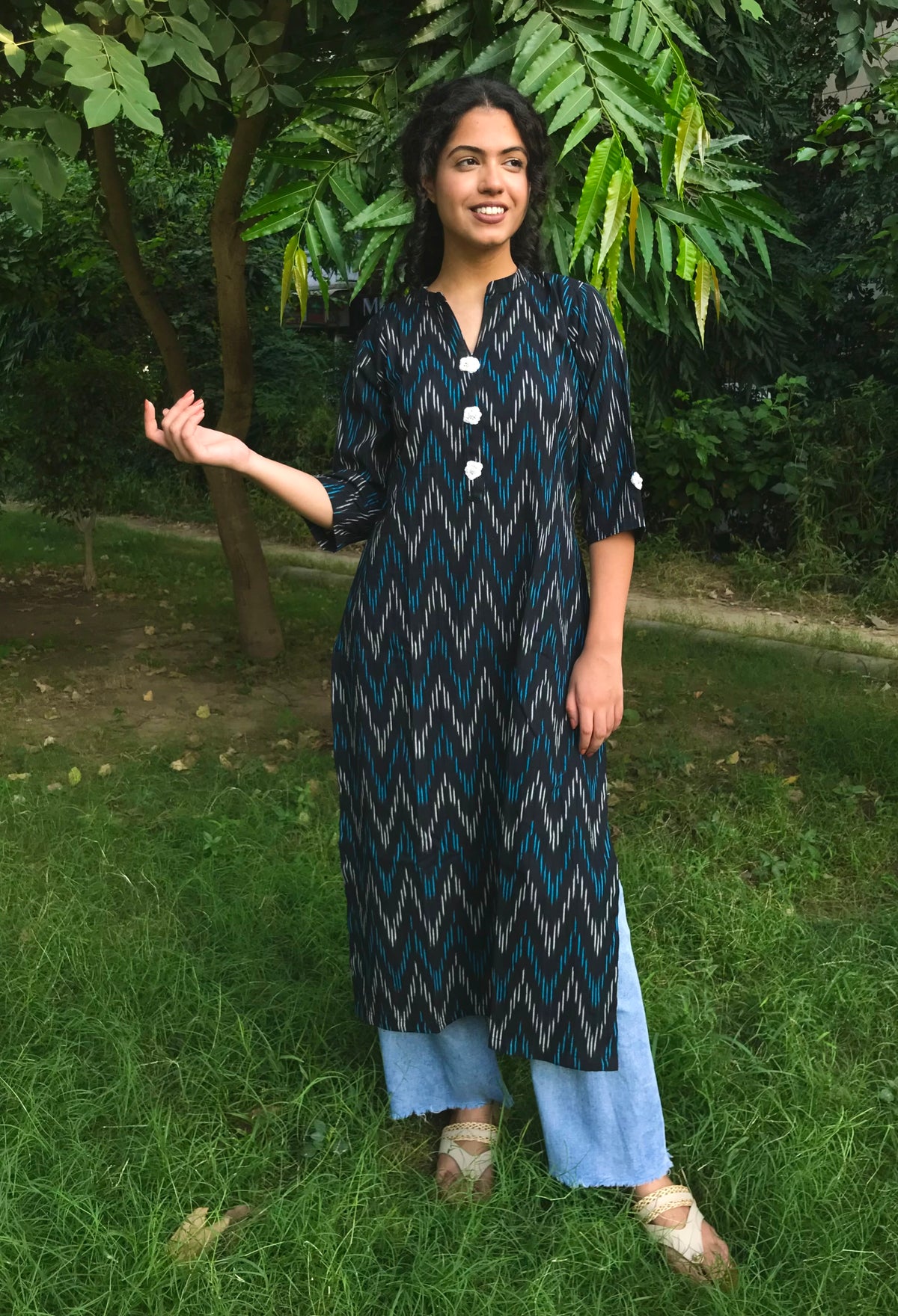 Black Ikat Print Long Kurta