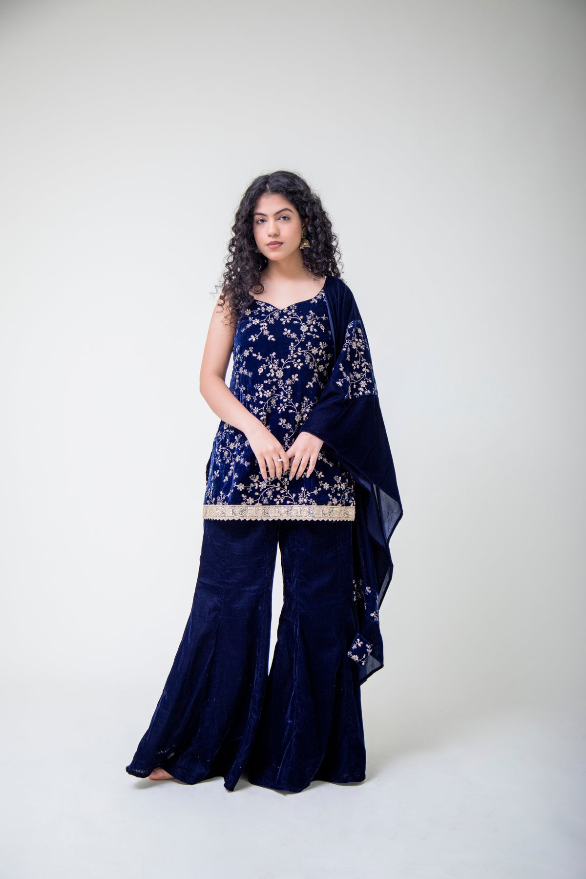 Midnight Blue Velvet Suit with Golden Zari work