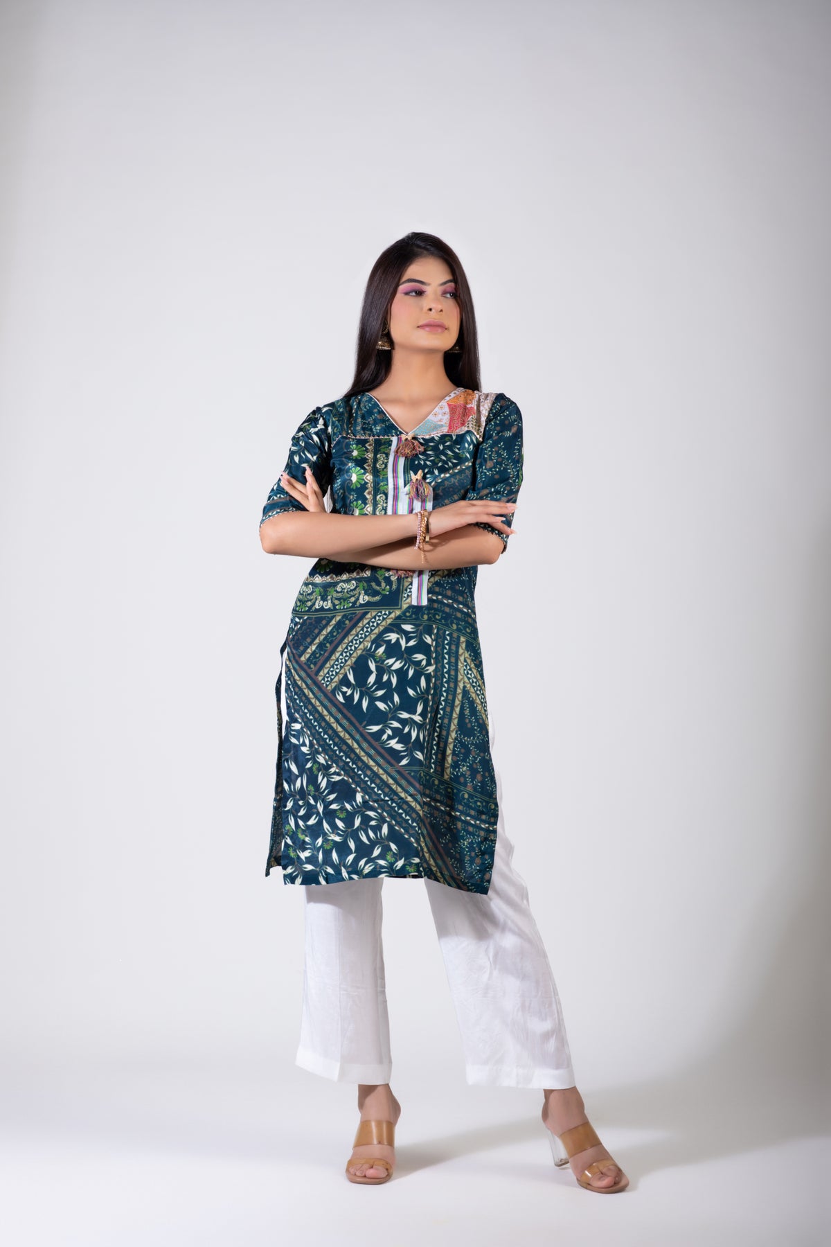 Peacock Blue Tasseled Muslin Kurta WITH White Trouser