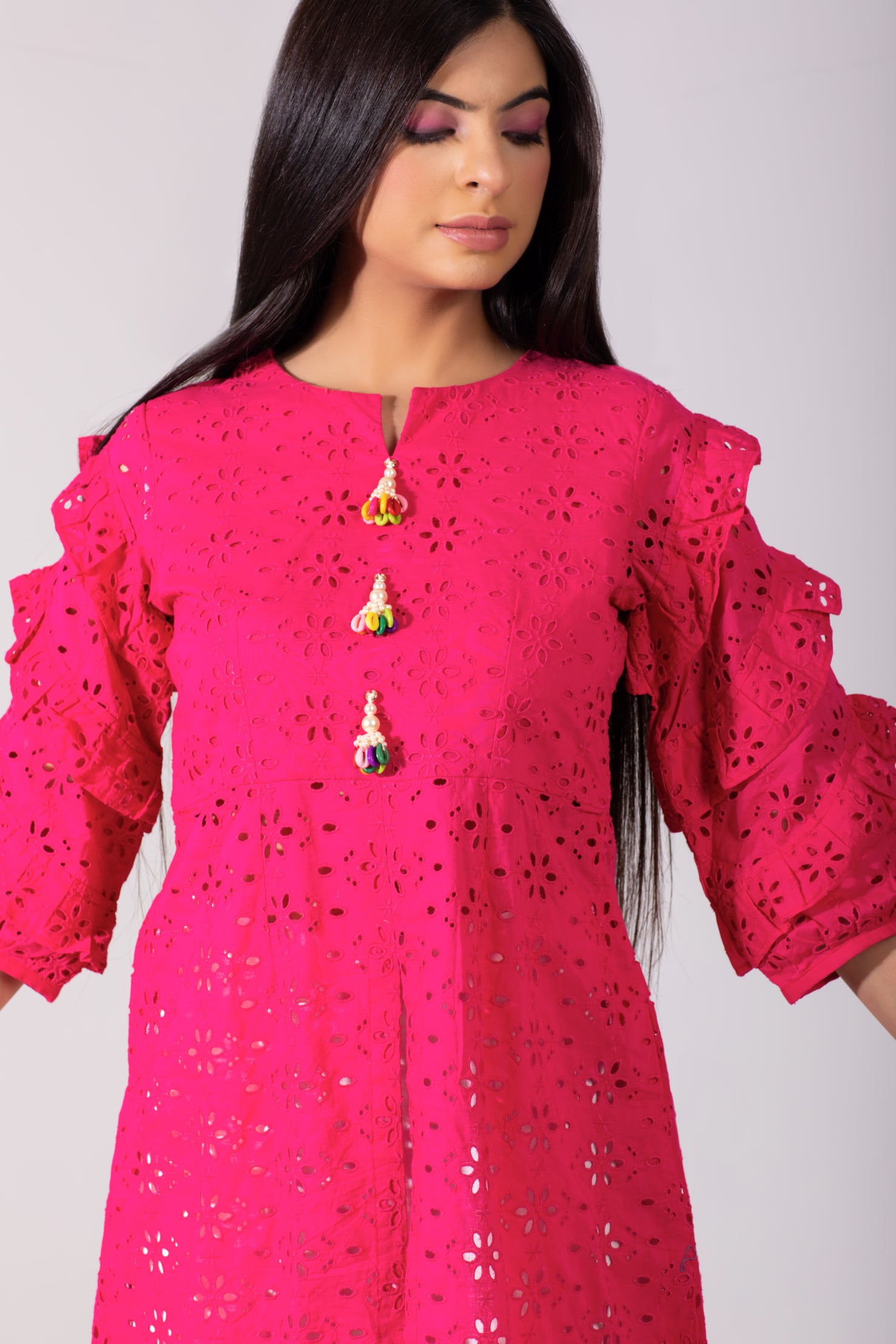 Schiffli A-line Kurta with front cut and tassels