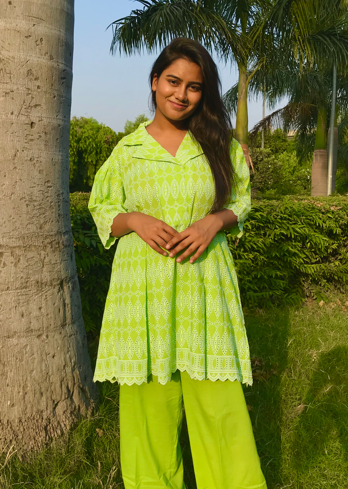 Lawn Green Chikankari Coord set (Chikankari work only on top with plain bottom)