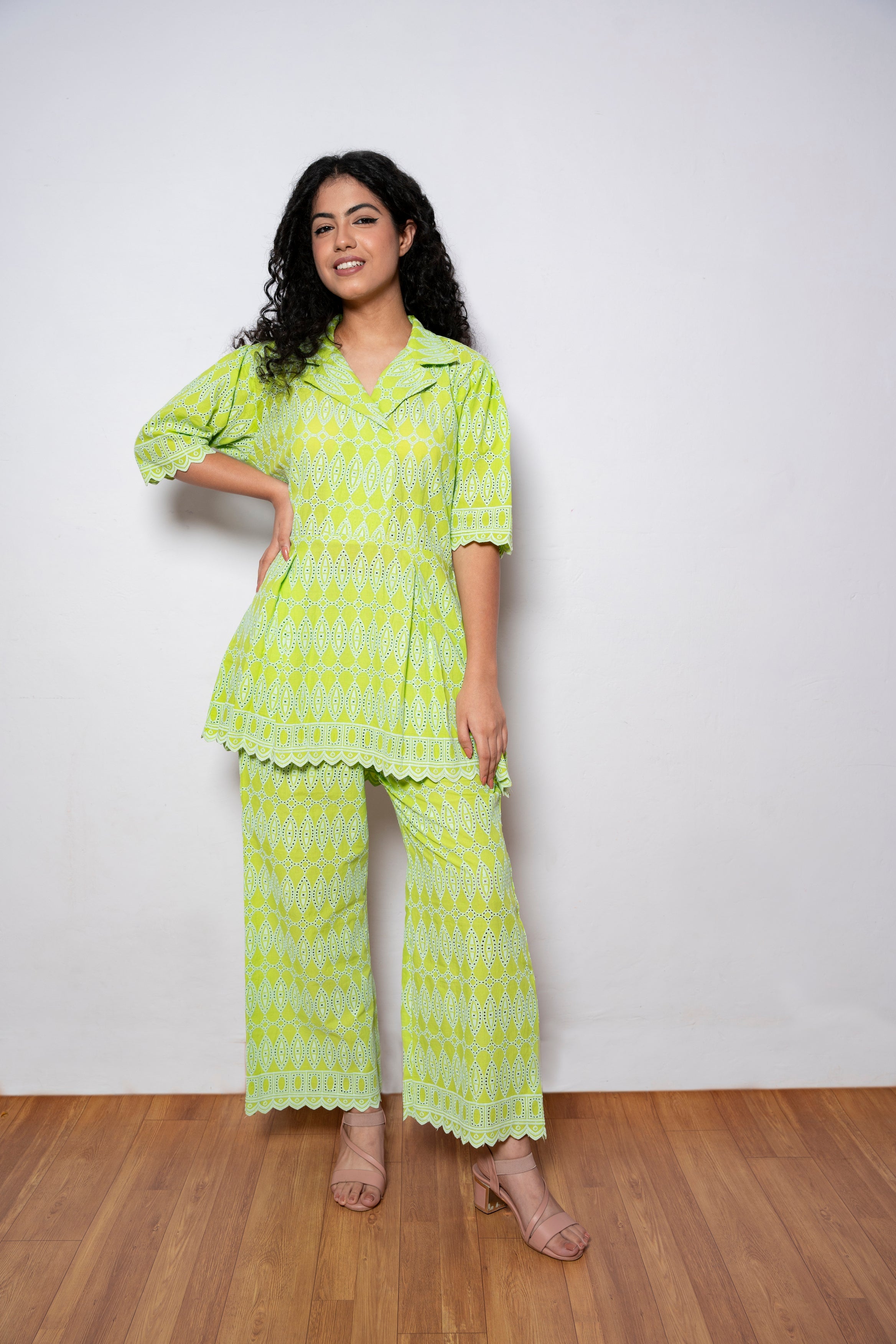 Lawn Green Chikankari Coord set (Chikankari work on both top and bottom)