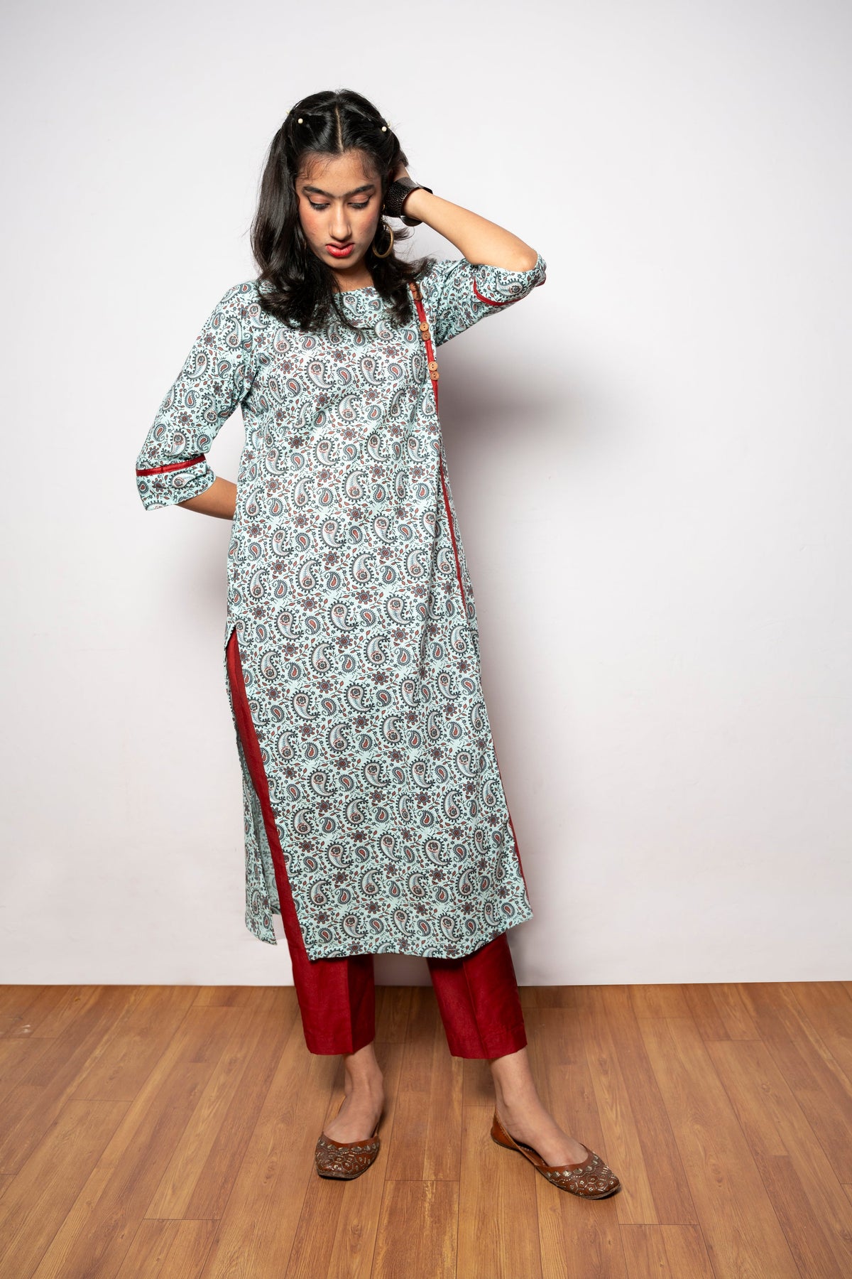 Baby Blue Paisley Kurta WITH Maroon Trouser (No Dupatta)